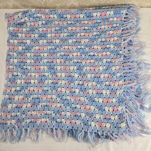 Handmade Crochet Baby Blanket Lap Blanket Blue White Pink Fringed Edges